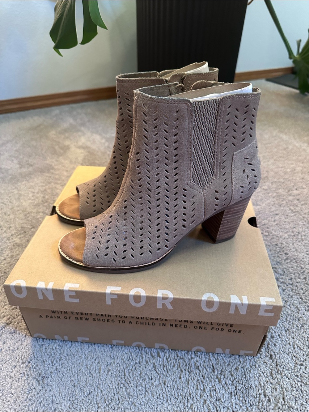 Toms Taupe Perforated Suede Peep-Toe Ankle Booties